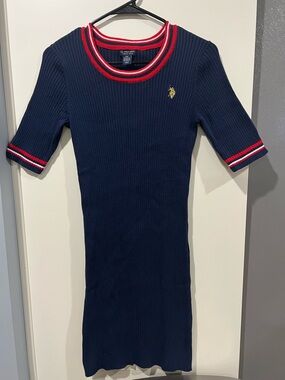 U.S. Polo Assn. Navy Midi Ribbed Knit Dress with Red & White Trim